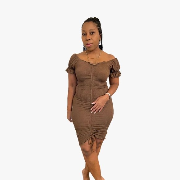 (NWT) Smocked Ruched Dress (Midi or Mini) - Brown - Picture 1 of 6